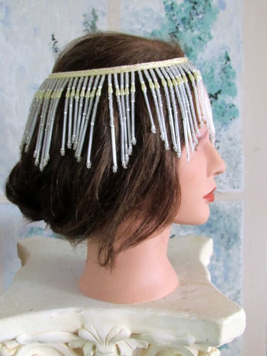 ROARING 20s BEADED CAP w LONG BEAD FRINGE + BEADED HEADBAND for FLAPPER COSTUMES